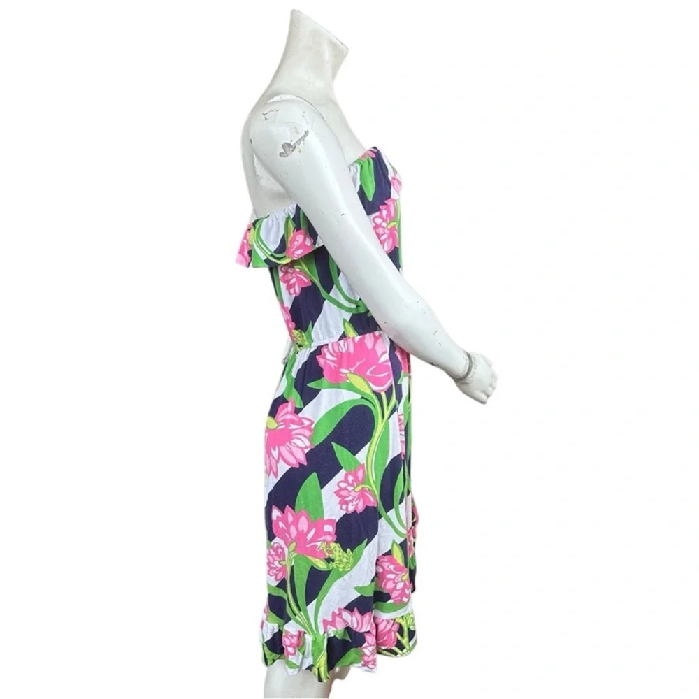 Lilly Pulitzer Strapless Flor Faux Wrap Dress Navy Pink Jumping the Line Large - Picture 6 of 11
